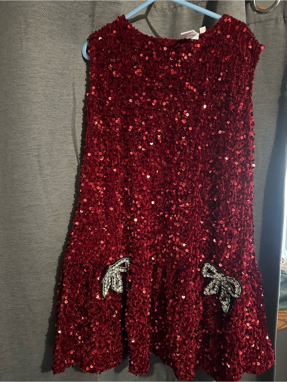 Girls' Red Sequin A-Line Party Dress with Jeweled Bows